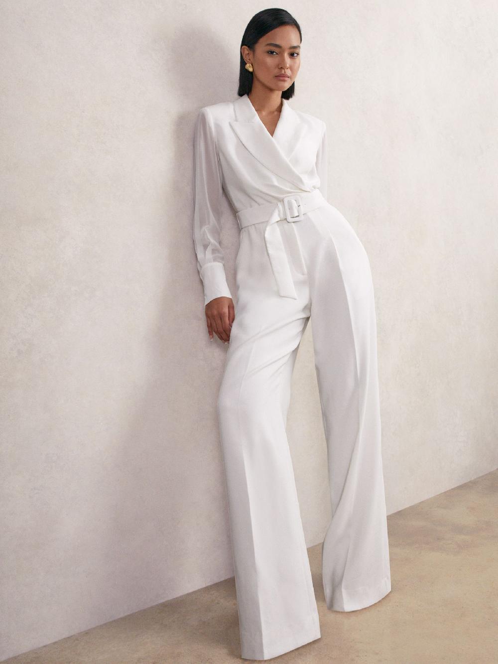 Reiss Sheer-Sleeve Wide-Leg Tuxedo Jumpsuit In Ivory
