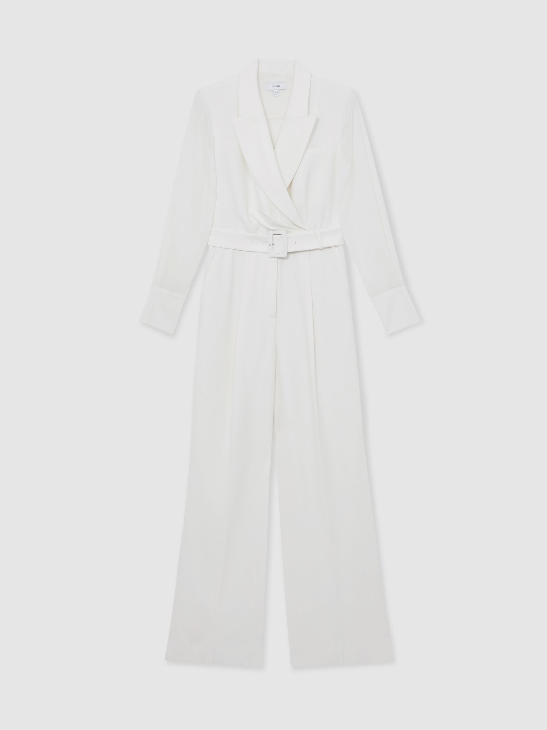 Reiss Sheer-Sleeve Wide-Leg Tuxedo Jumpsuit In Ivory