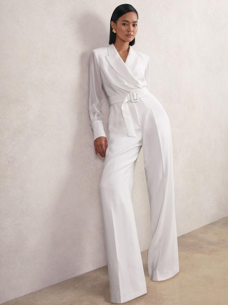 reiss Sheer-Sleeve Wide-Leg Tuxedo Jumpsuit in Ivory