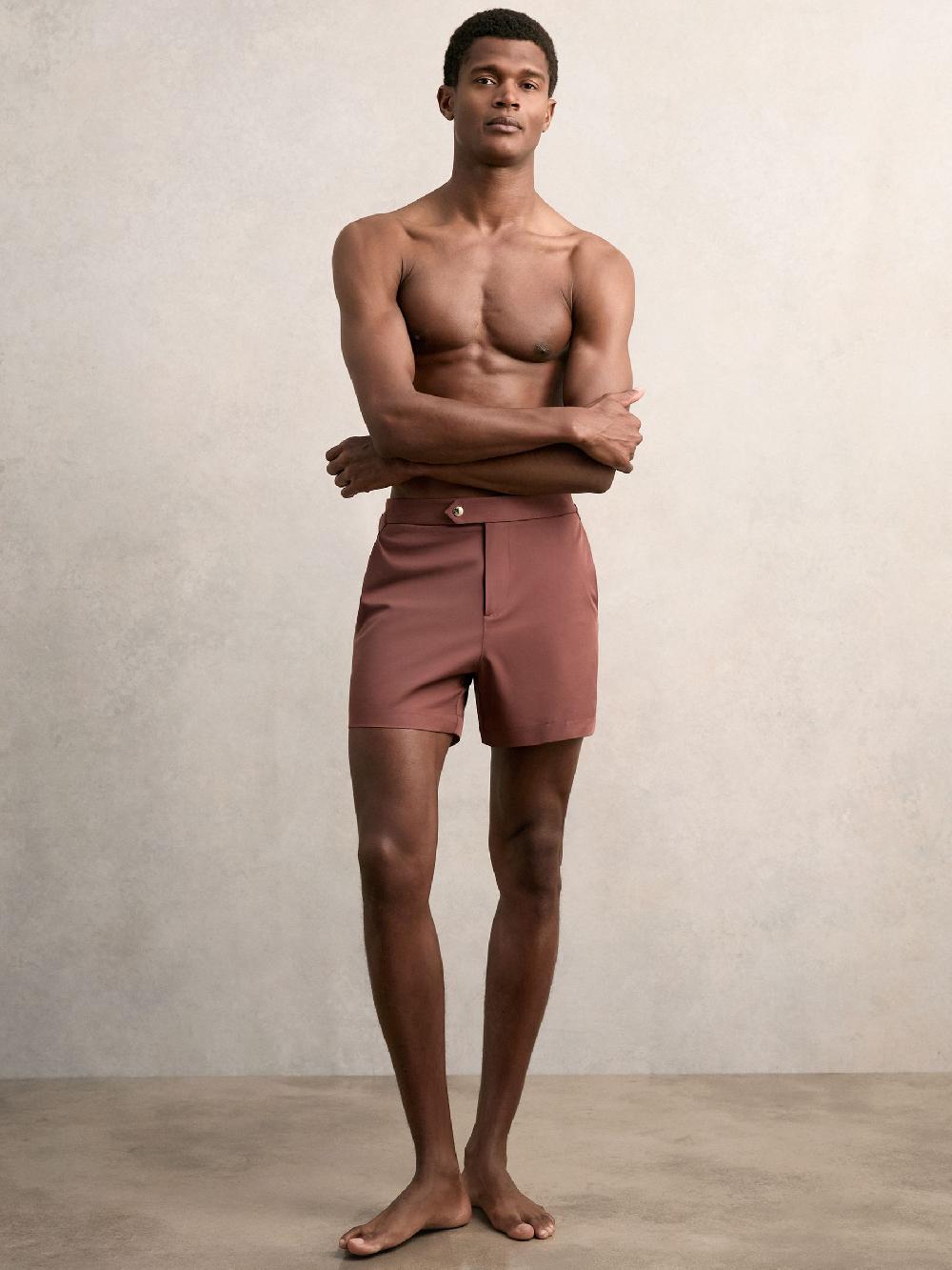 Reiss Side-Adjuster Swim Shorts In Terracotta Brown