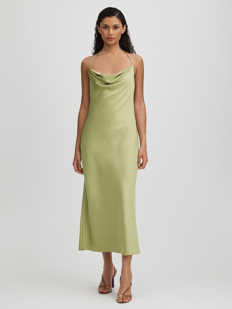 reiss Significant Other Satin Cowl Neck Midi Dress in Sage