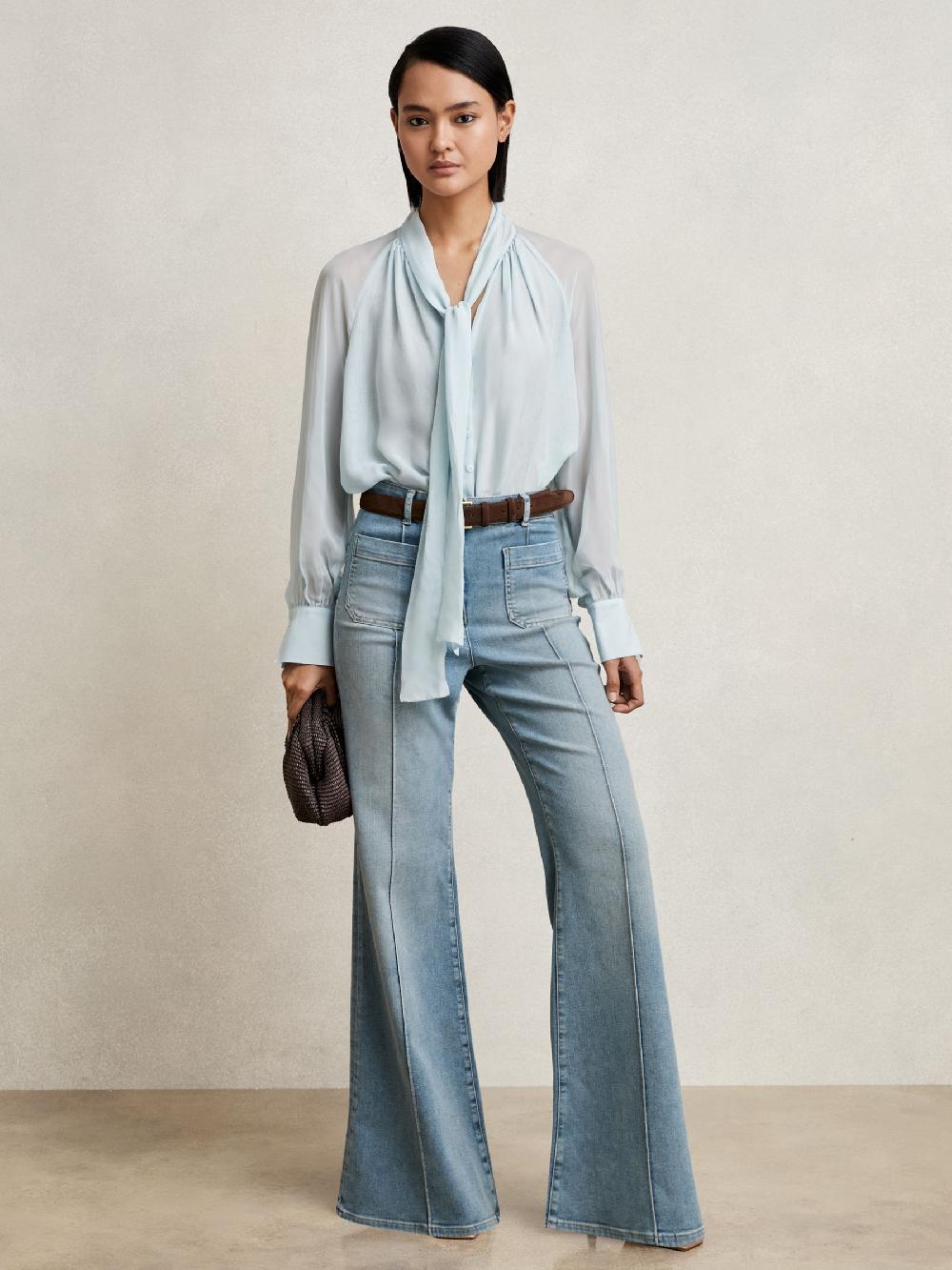 Reiss Silk-Blend Chiffon Tie-Neck Blouse In Pale Blue