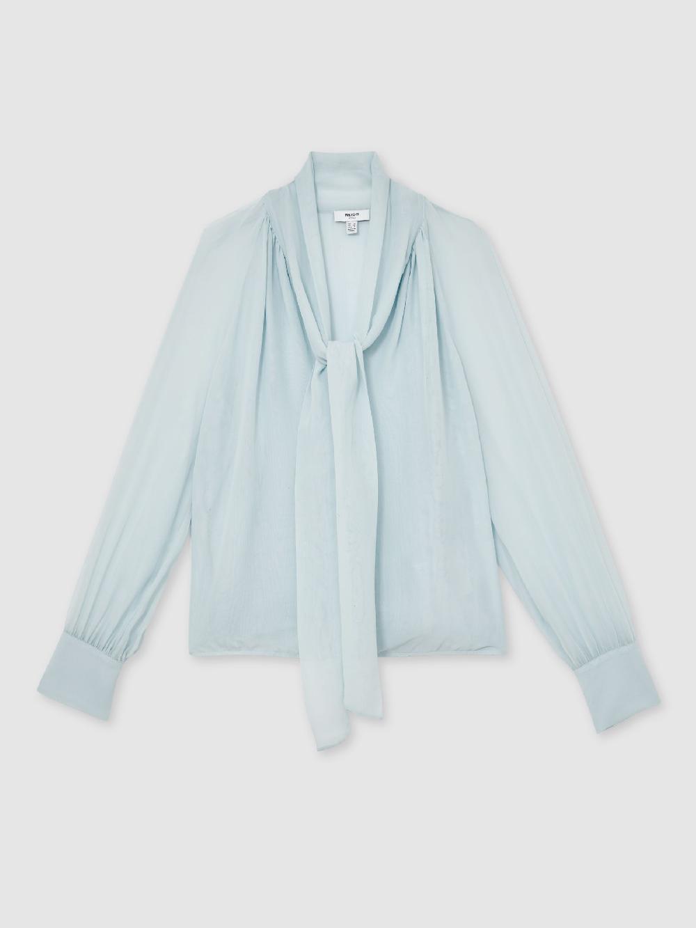 Reiss Silk-Blend Chiffon Tie-Neck Blouse In Pale Blue