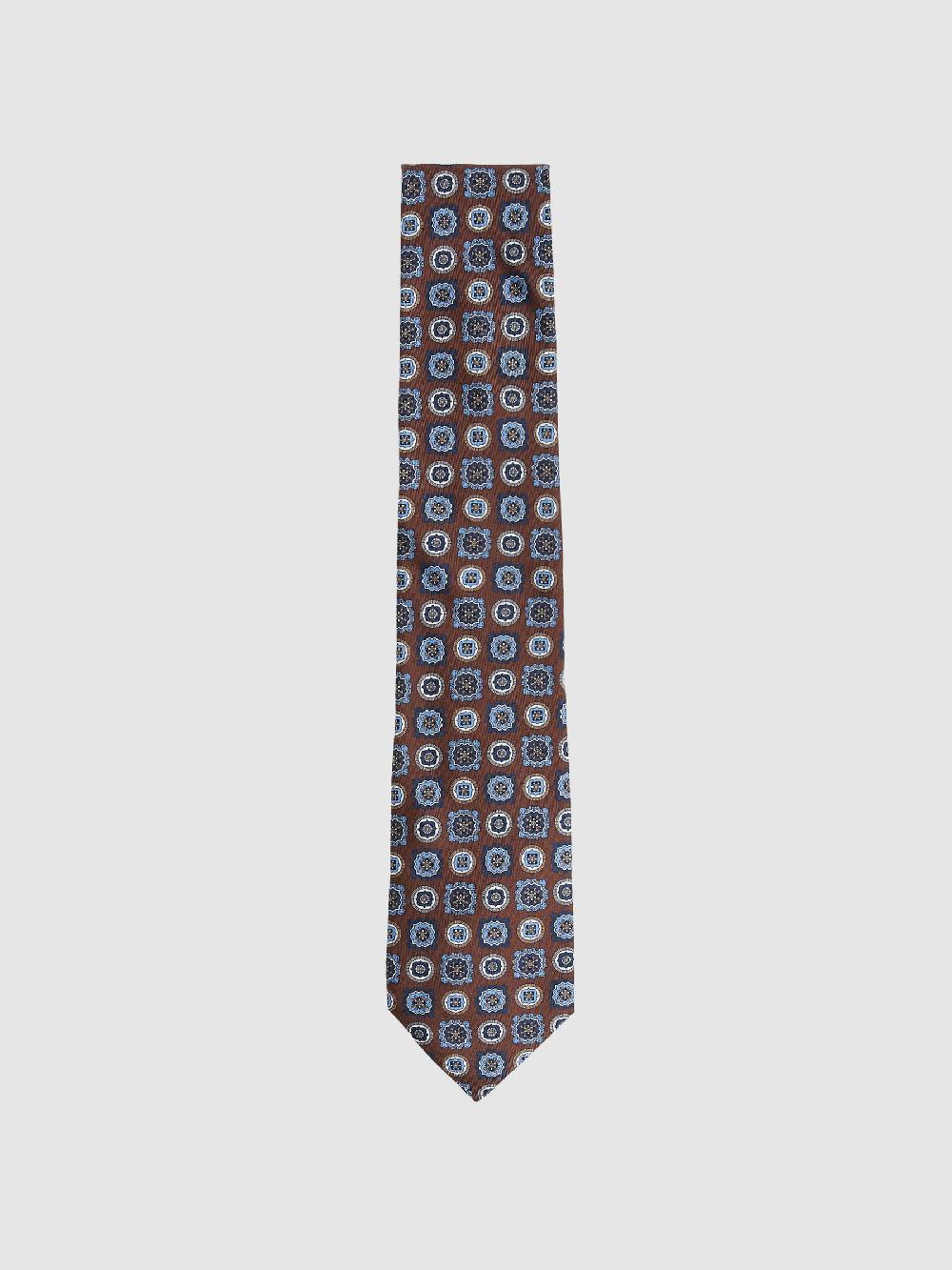 Reiss Silk Foulard Medallion Print Tie In Chocolate Brown
