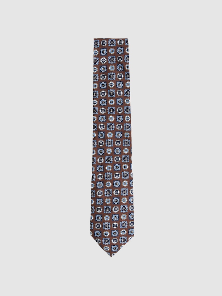 reiss Silk Foulard Medallion Print Tie in Chocolate Brown