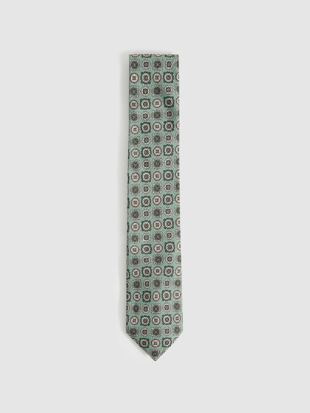 Reiss Silk Foulard Medallion Print Tie In Soft Sage