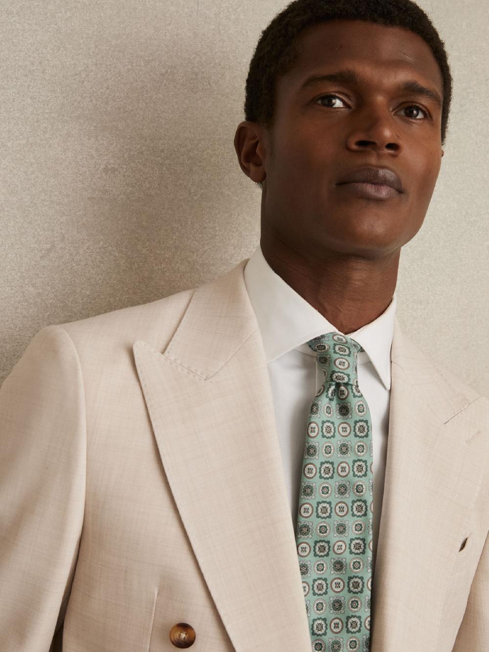 Reiss Silk Foulard Medallion Print Tie In Soft Sage