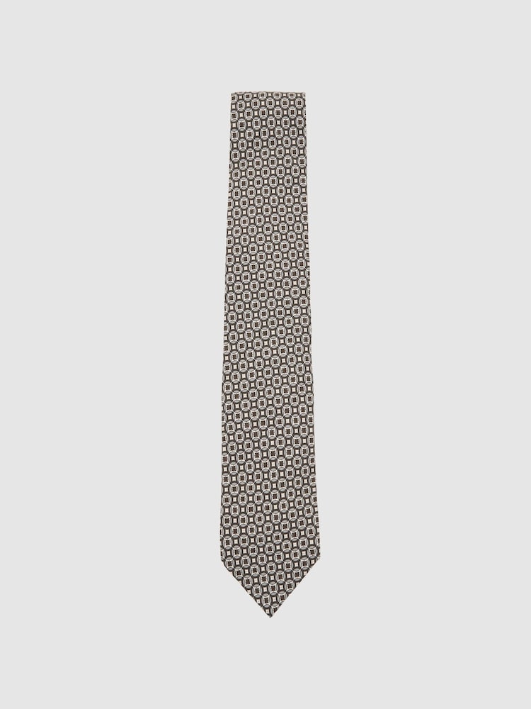 reiss Silk Geometric-Print Tie in Chocolate Brown Multi