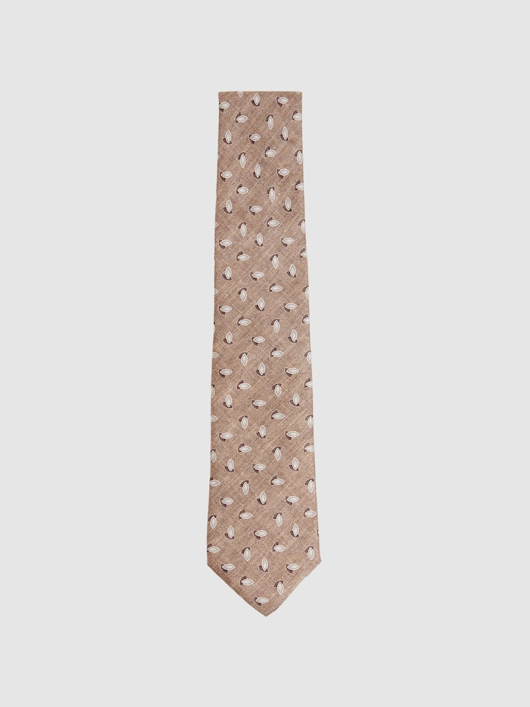 reiss Silk Geometric Print Tie in Soft Brown Melange