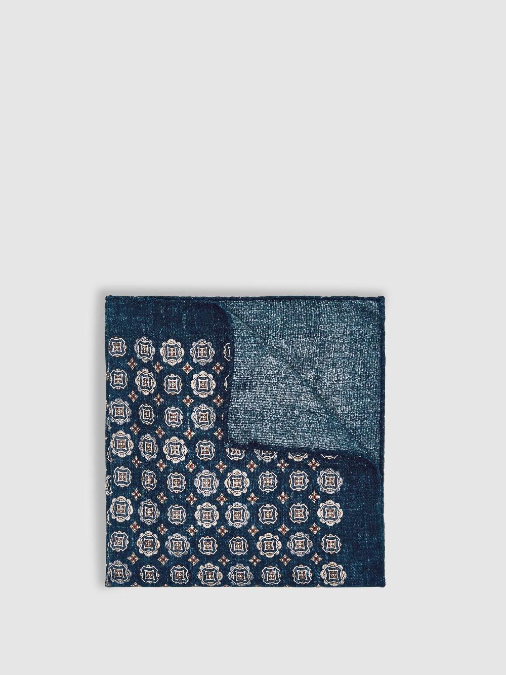 Reiss Silk Medallion Print Pocket Square In Indigo Melange