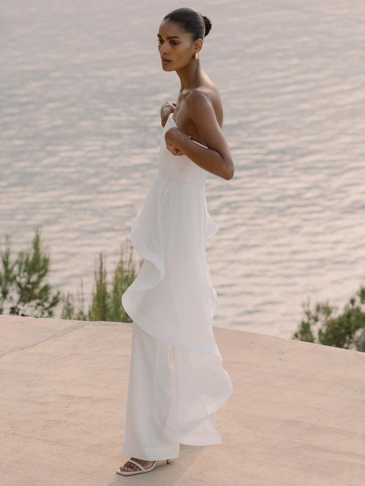 reiss Silk Ruffle Bandeau Wide-Leg Jumpsuit in Ivory