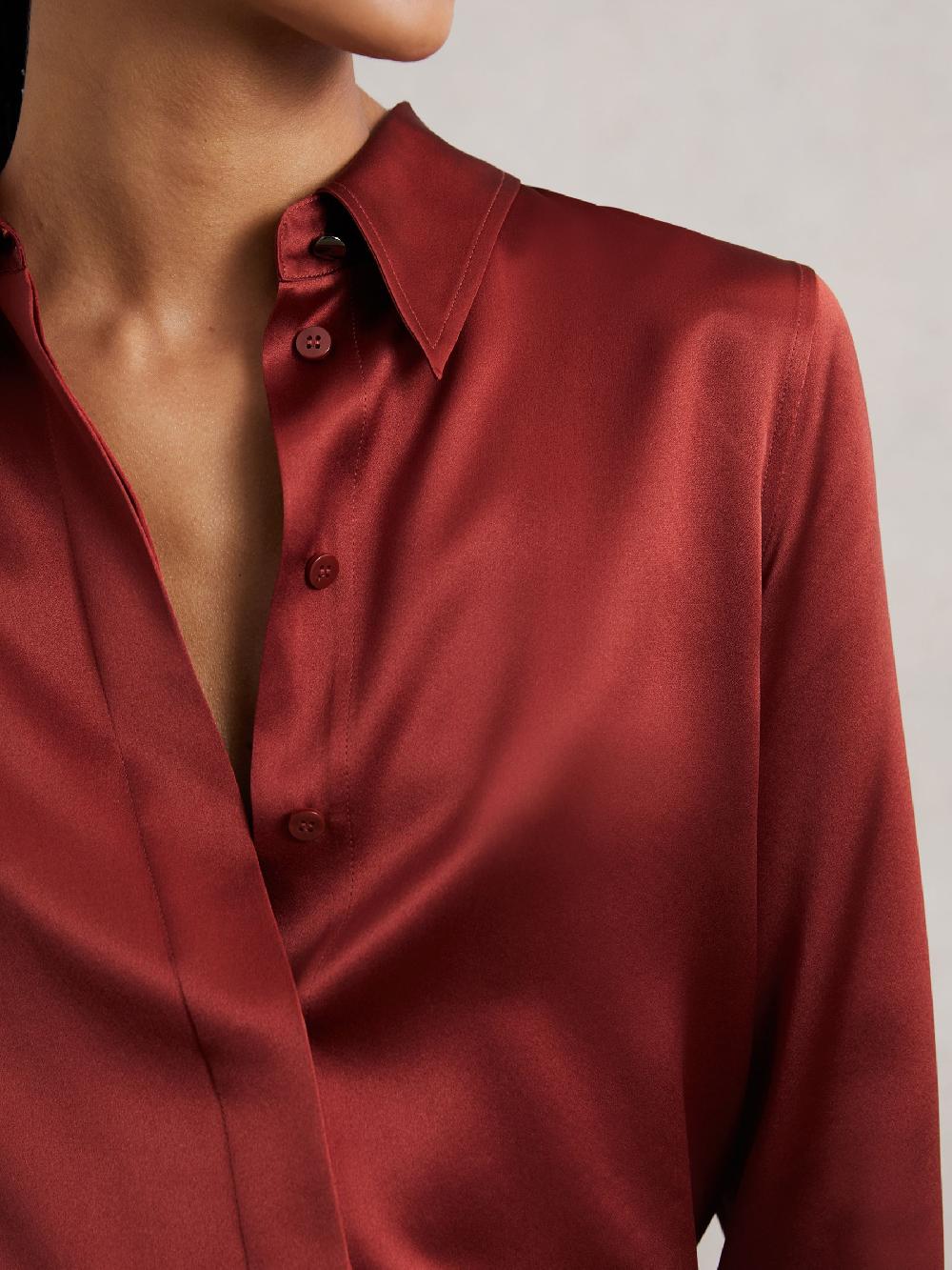 Reiss Silk-Satin Concealed-Placket Shirt In Dark Red