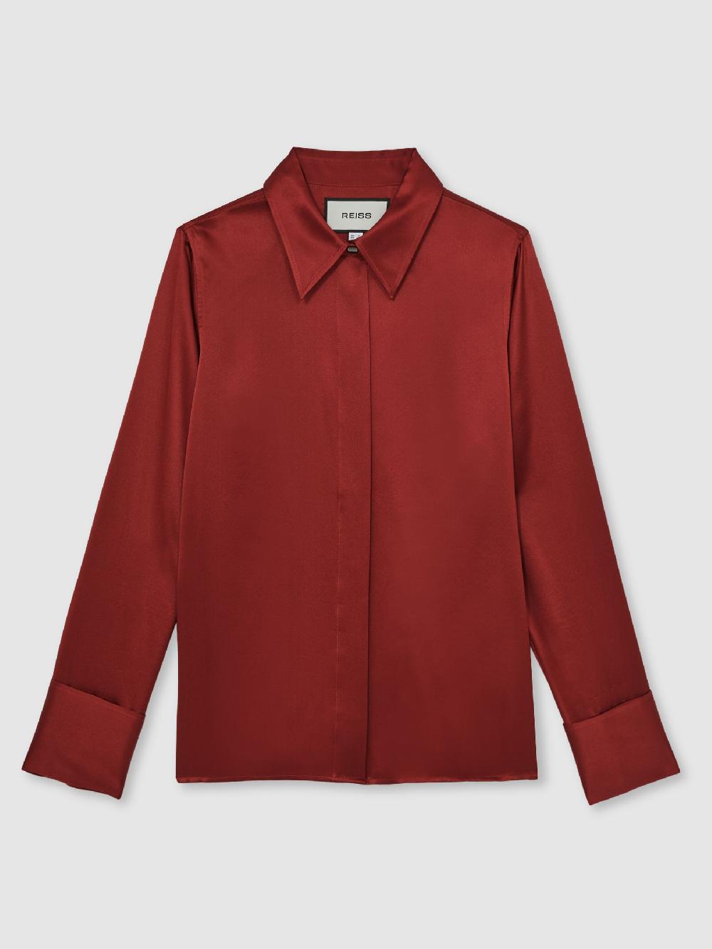 Reiss Silk-Satin Concealed-Placket Shirt In Dark Red