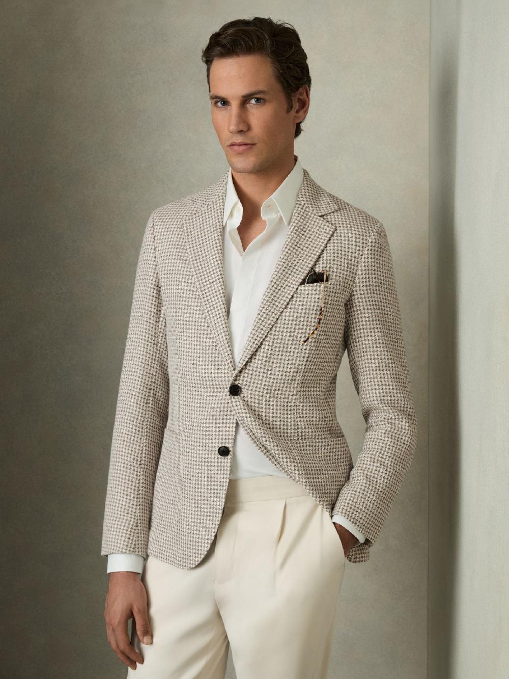 Reiss Single-Breasted Dogtooth-Check Blazer Tailored-Fit Cotton-Linen In Grey/White