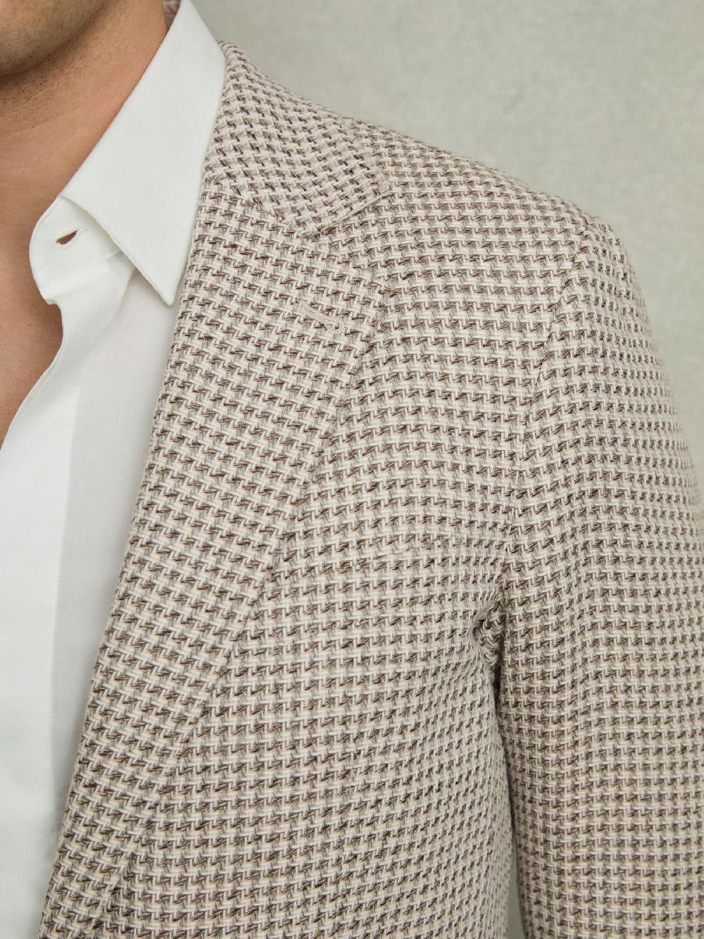 Reiss Single-Breasted Dogtooth-Check Blazer Tailored-Fit Cotton-Linen In Grey/White