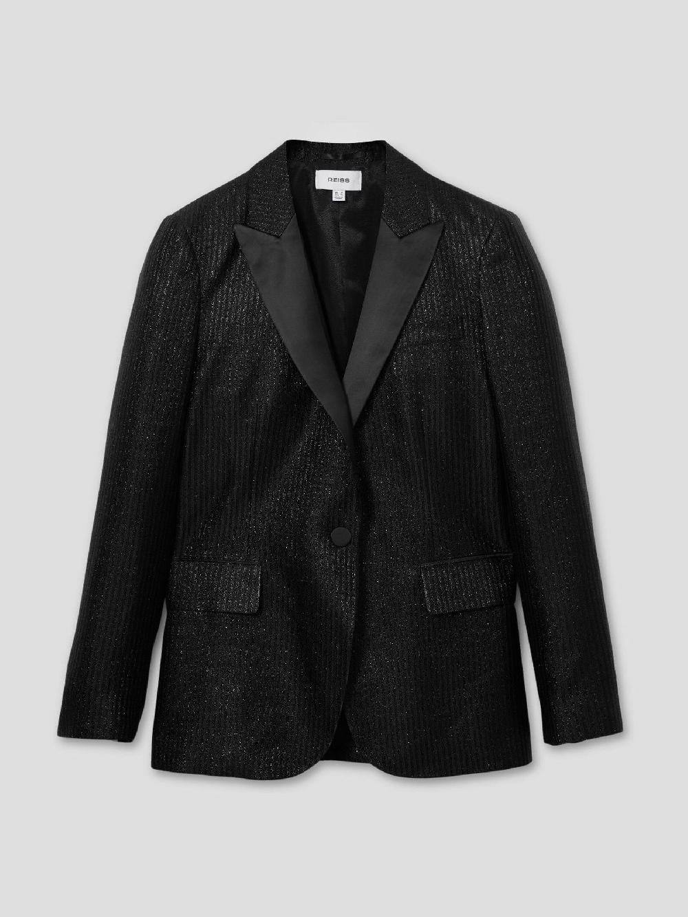 Reiss Single-Breasted Lamé-Stripe Tuxedo Jacket In Black