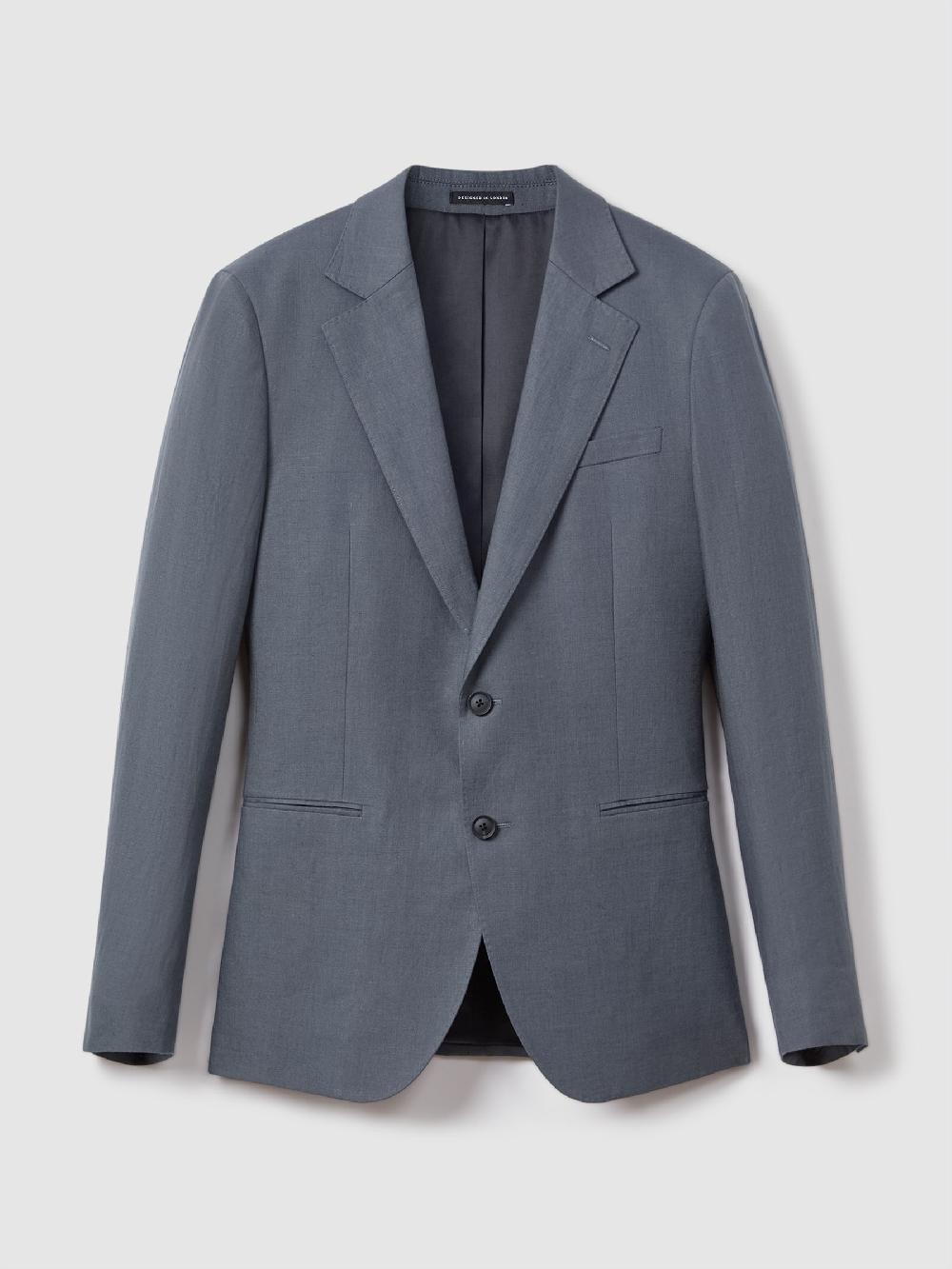 Reiss Single-Breasted Linen Suit Blazer Slim Fit In Airforce Blue
