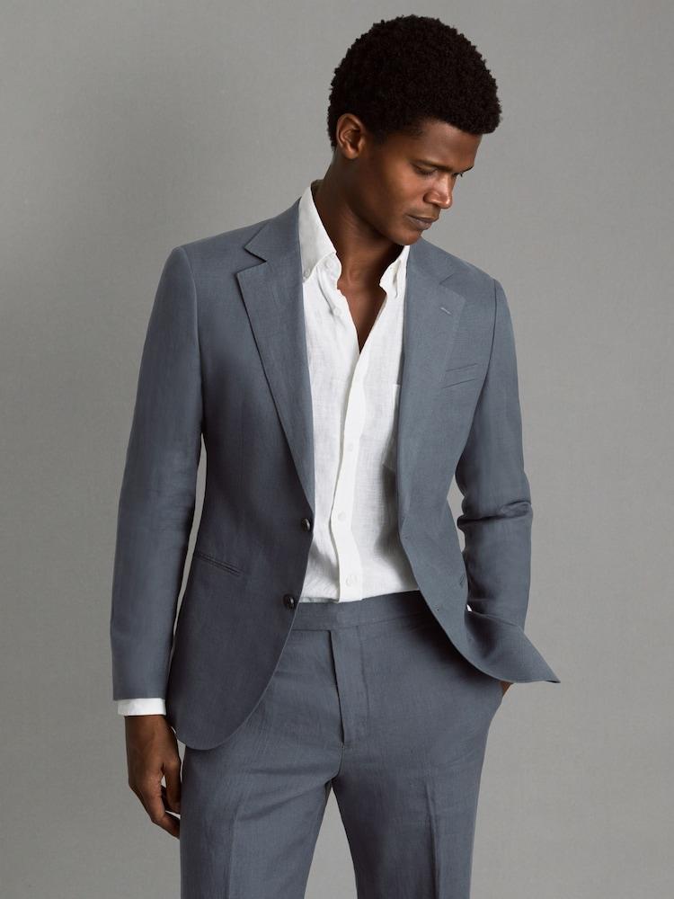 reiss Single-Breasted Linen Suit Blazer Slim Fit in Airforce Blue
