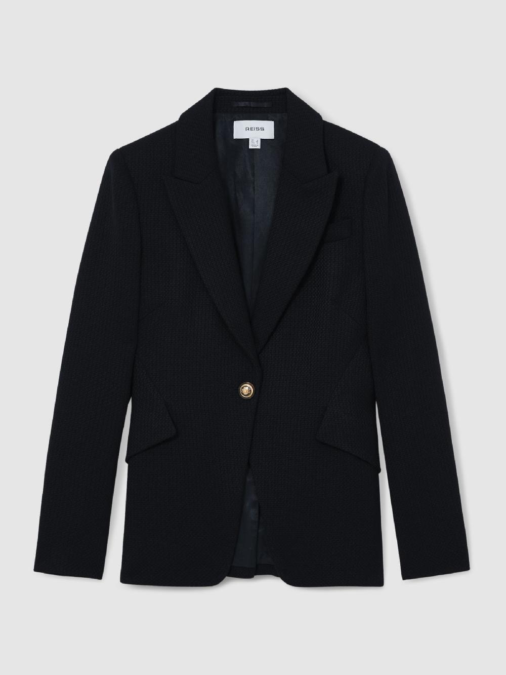 Reiss Single-Breasted Textured Blazer Wool-Blend In Navy