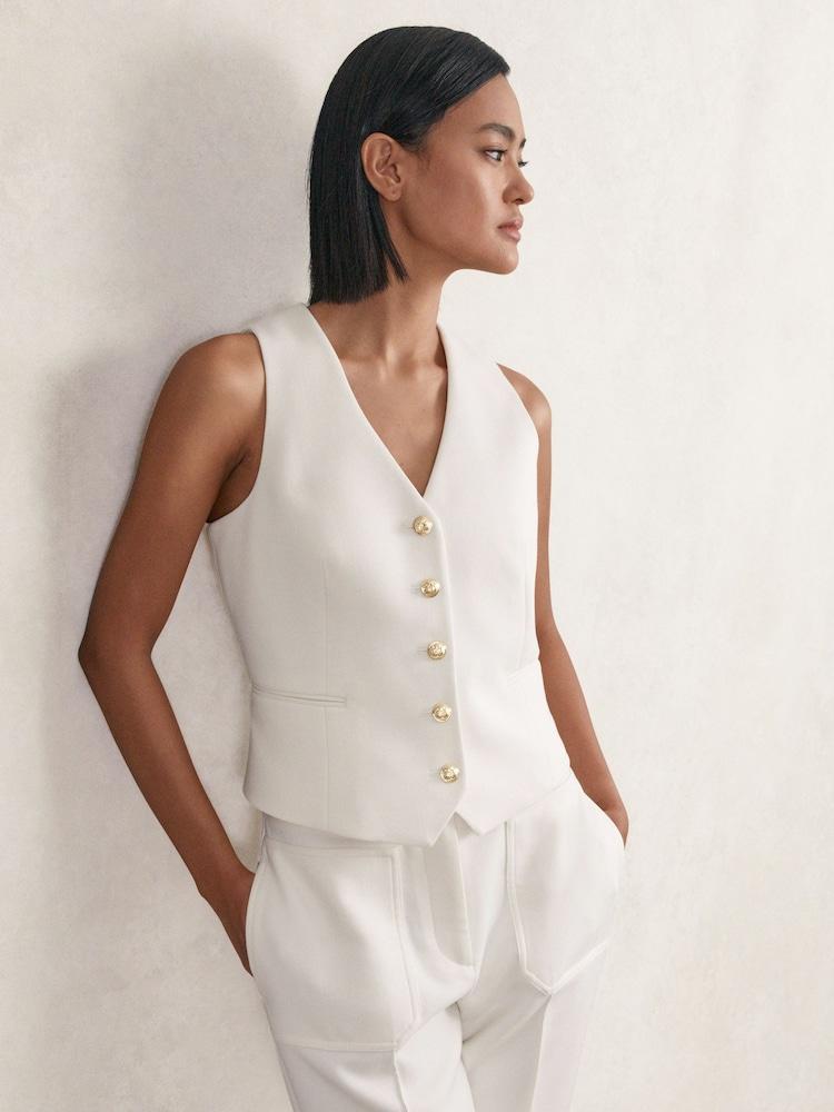 reiss Single-Breasted Twill Waistcoat With Wool in White