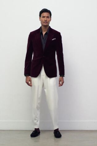 Reiss Single-Breasted Velvet Blazer Tailored-Fit In Bordeaux