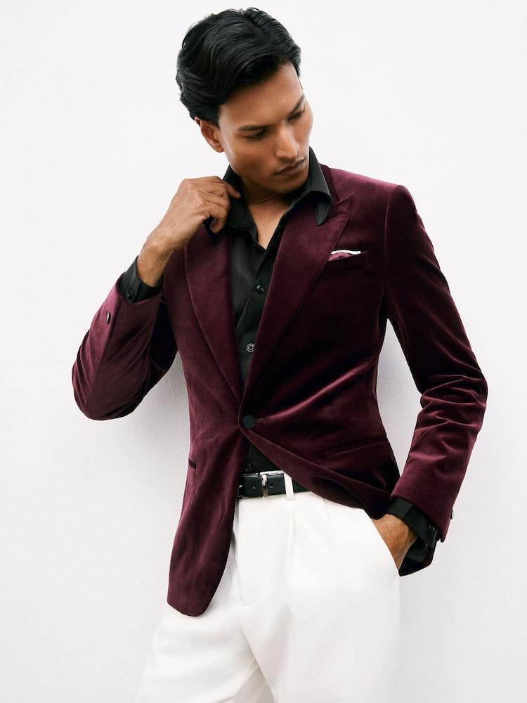 reiss Single-Breasted Velvet Blazer Tailored-Fit in Bordeaux