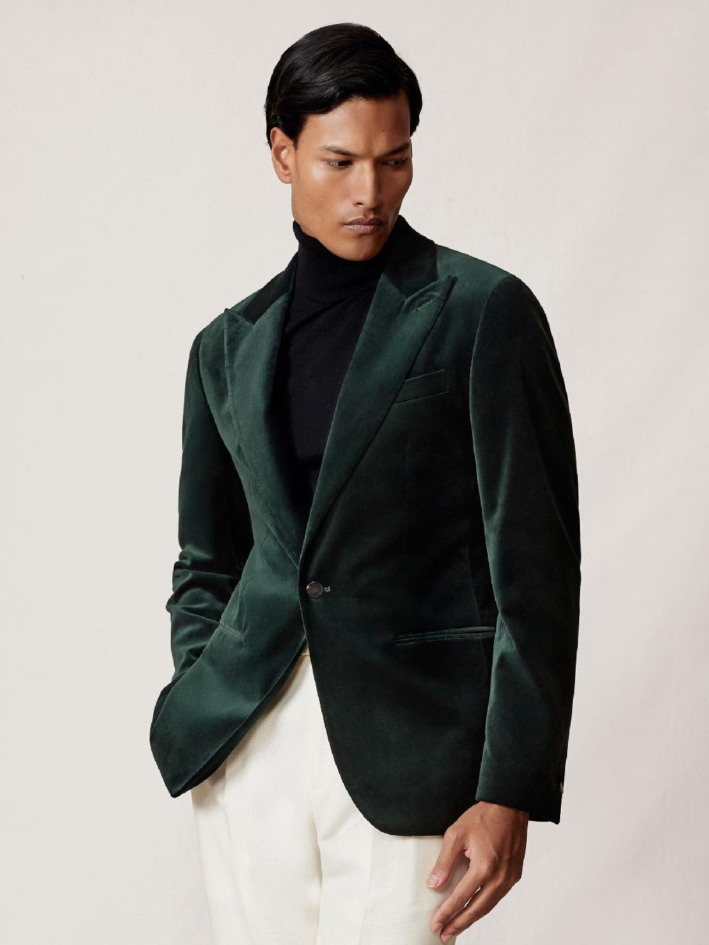 Reiss Single-Breasted Velvet Blazer Tailored-Fit In Emerald Green