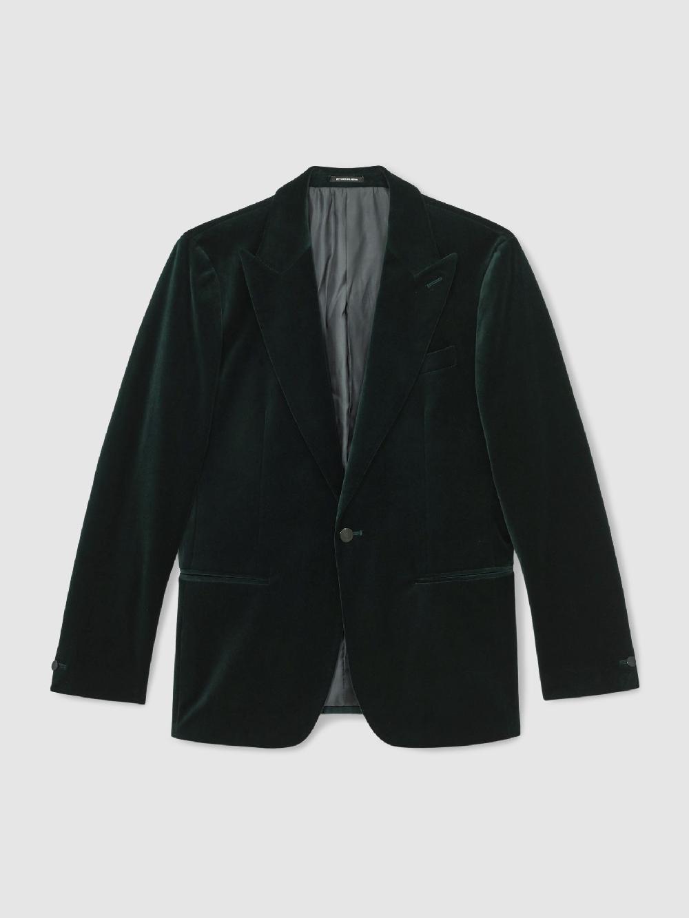 Reiss Single-Breasted Velvet Blazer Tailored-Fit In Emerald Green