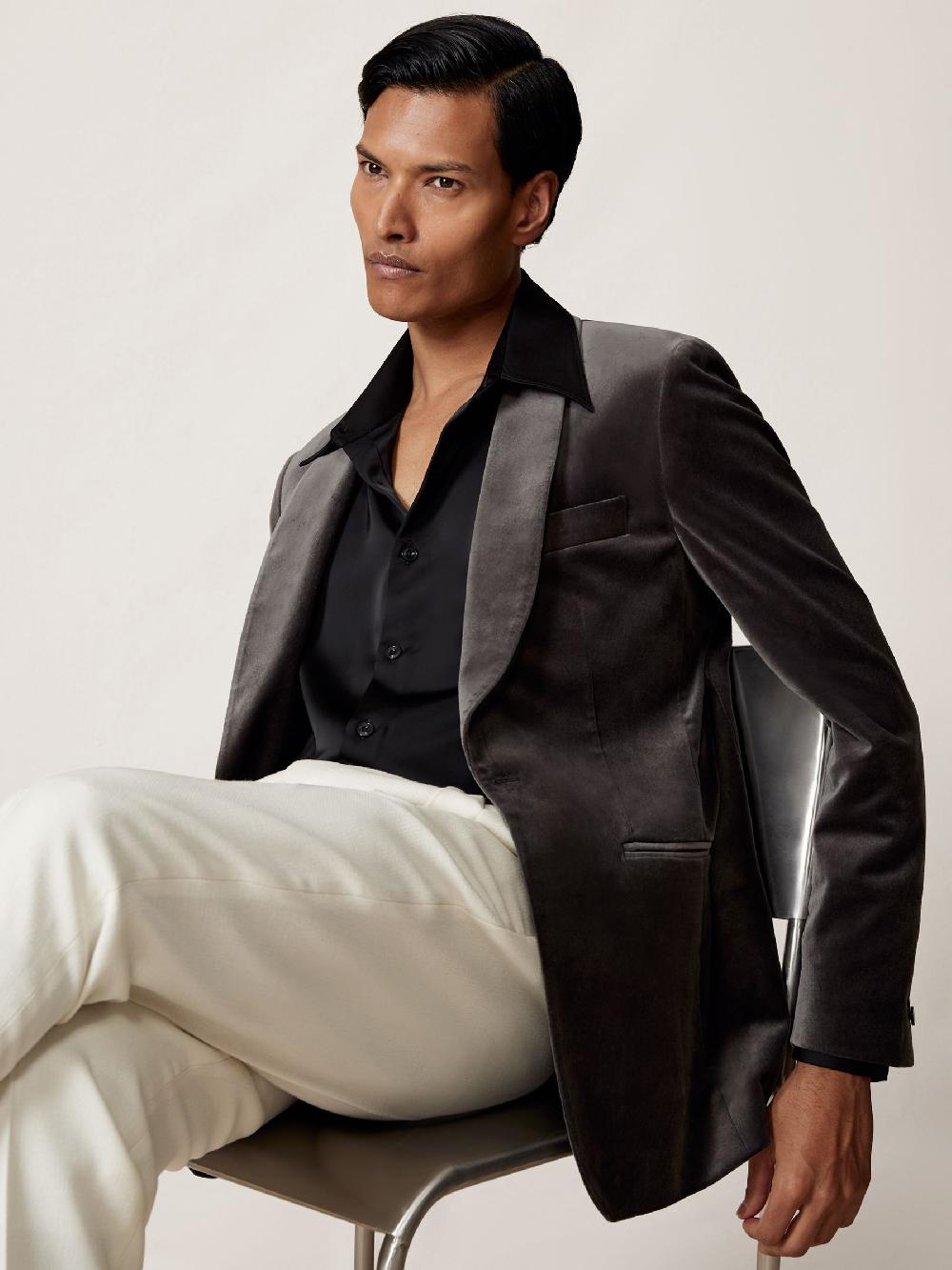 Reiss Single-Breasted Velvet Blazer Tailored-Fit In Grey