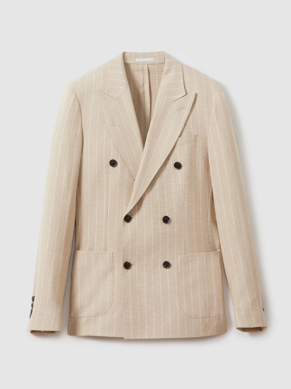 Reiss Slim Fit Double Breasted Striped Blazer In Oatmeal