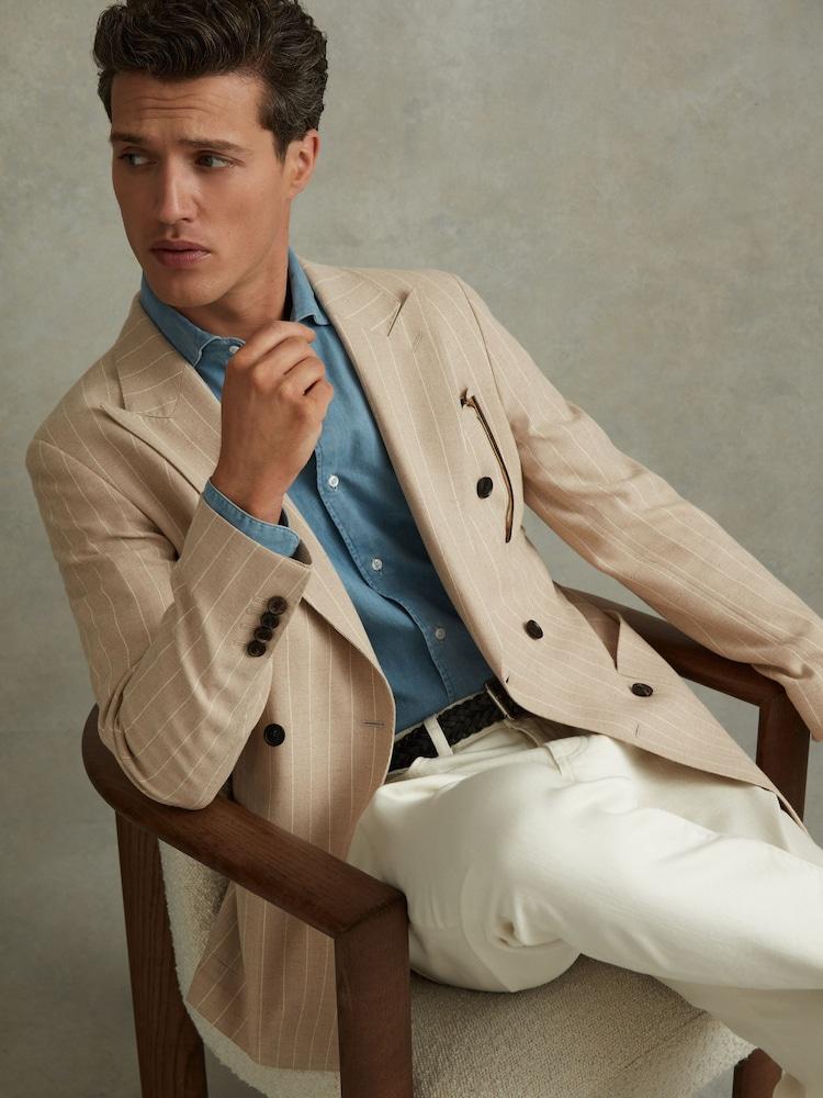 reiss Slim Fit Double Breasted Striped Blazer in Oatmeal