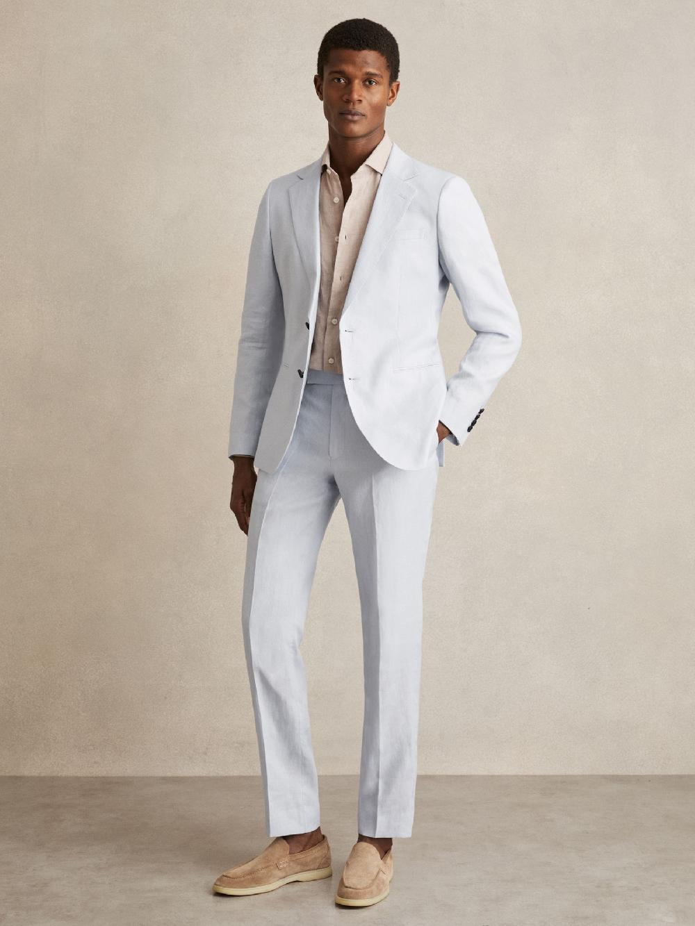 Reiss Slim Fit Linen Adjuster Trousers In Soft Blue