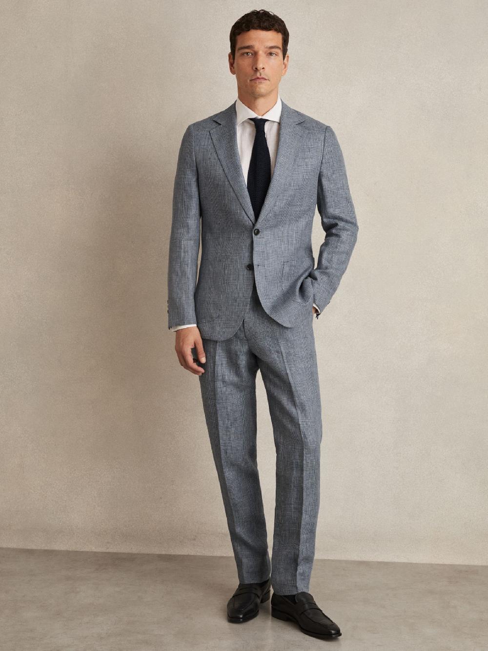 Reiss Slim Fit Linen Check Suit Trousers In Soft Blue