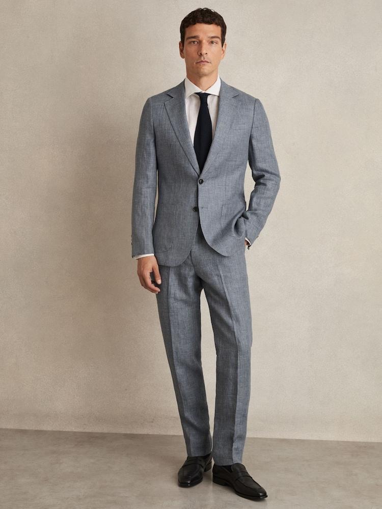 reiss Slim Fit Linen Check Suit Trousers in Soft Blue