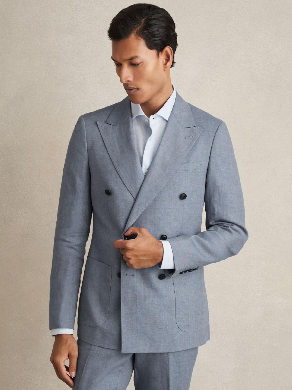 Reiss Slim-Fit Linen Double-Breasted Suit Blazer In Airforce Blue