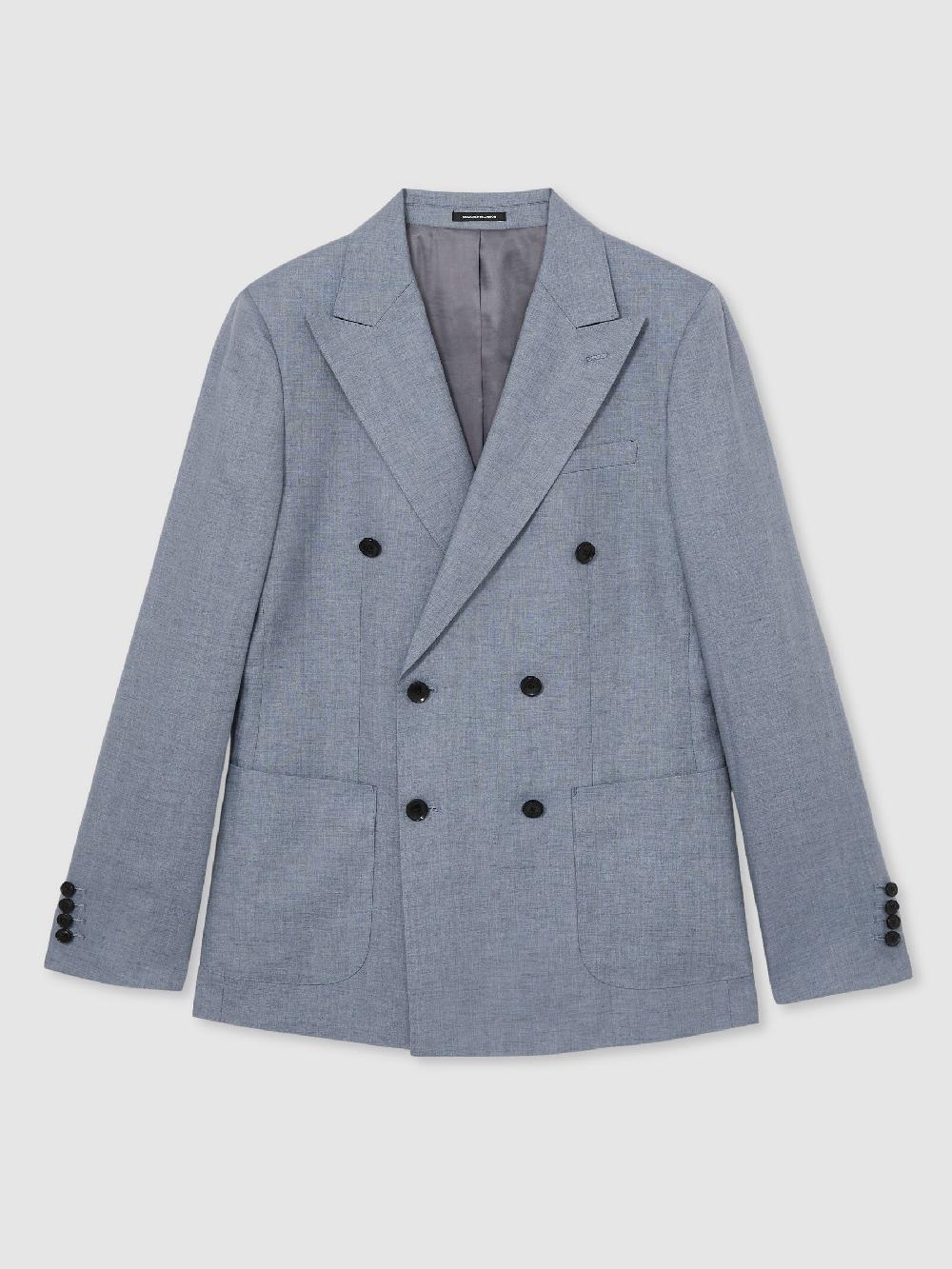 Reiss Slim-Fit Linen Double-Breasted Suit Blazer In Airforce Blue
