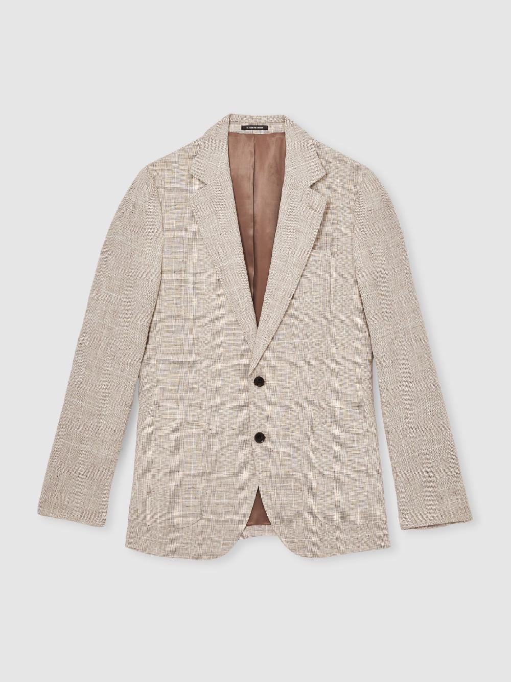 Reiss Slim Fit Linen Single Breasted Check Suit Blazer In Oatmeal