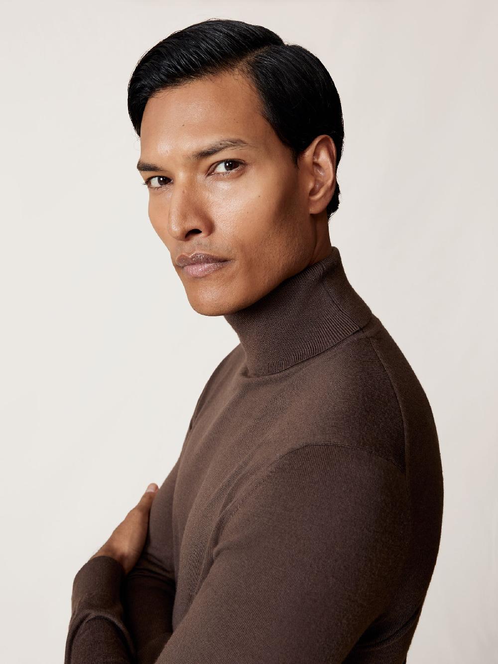 Reiss Slim Fit Merino Wool Roll Neck Jumper In Chocolate Brown