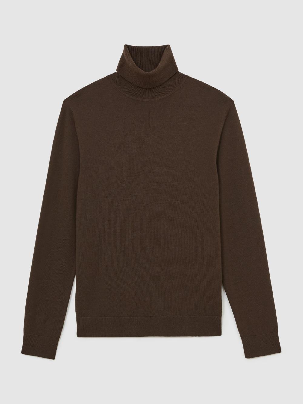 Reiss Slim Fit Merino Wool Roll Neck Jumper In Chocolate Brown