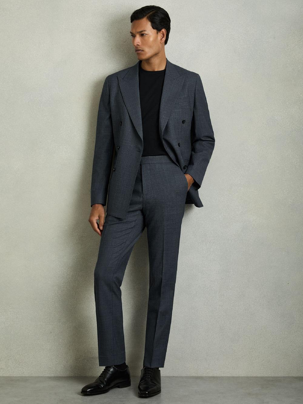 Reiss Slim-Fit Sharkskin Suit Trousers Wool-Blend In Airforce Blue