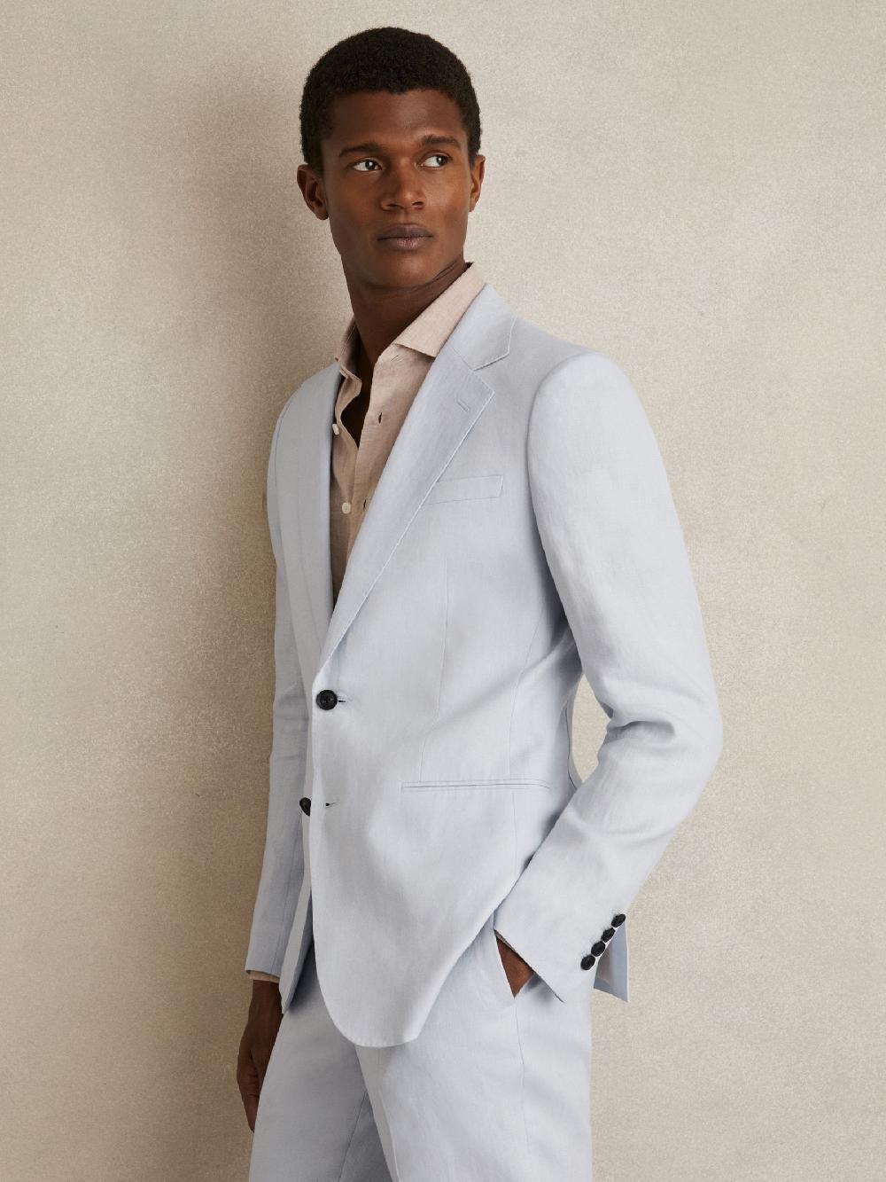 Reiss Slim Fit Single Breasted Linen Blazer In Soft Blue