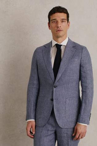Reiss Slim Fit Single Breasted Linen Check Suit Blazer In Soft Blue