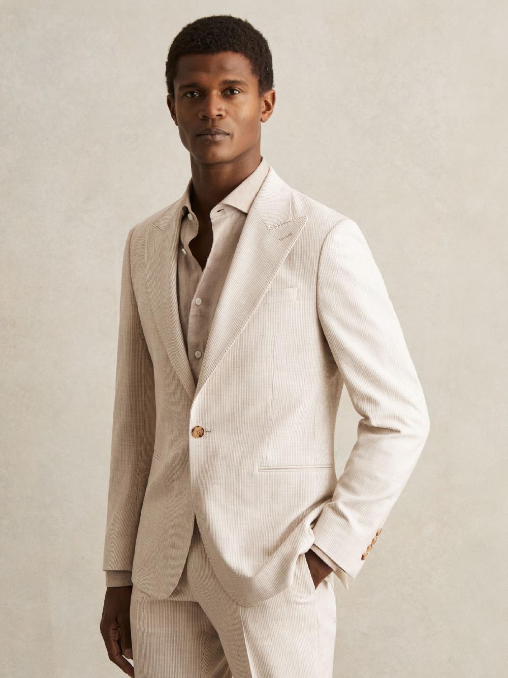 Reiss Slim Fit Single Breasted Pinstripe Suit Blazer In Oatmeal/White