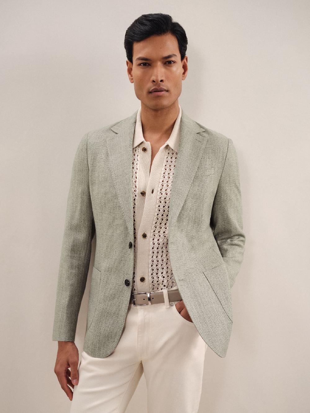 Reiss Slim-Fit Single-Breasted Wool-Blend Textured Blazer In Sage Green