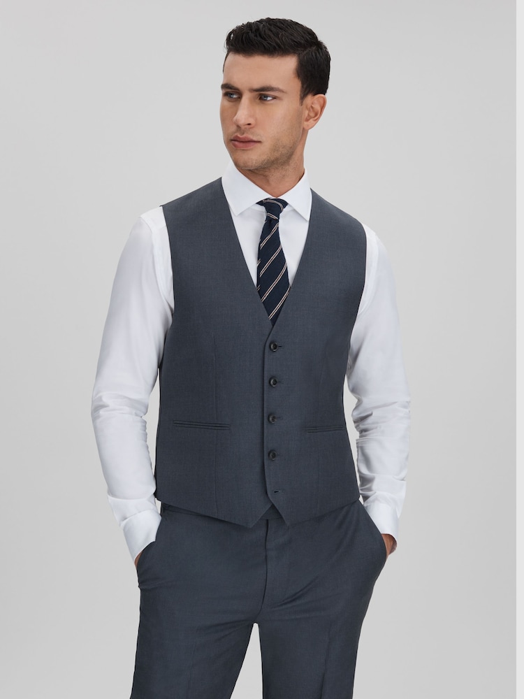 reiss Slim Fit Single Breasted Wool Waistcoat in Airforce Blue