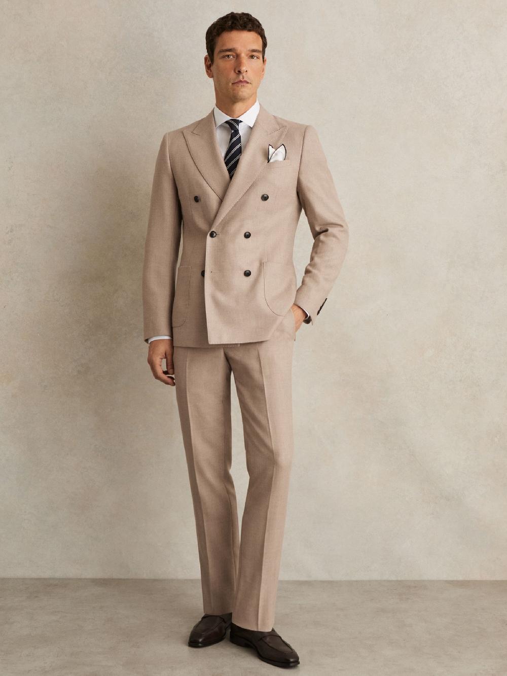 Reiss Slim-Fit Wool-Blend Double-Breasted Suit Blazer In Oatmeal Brown