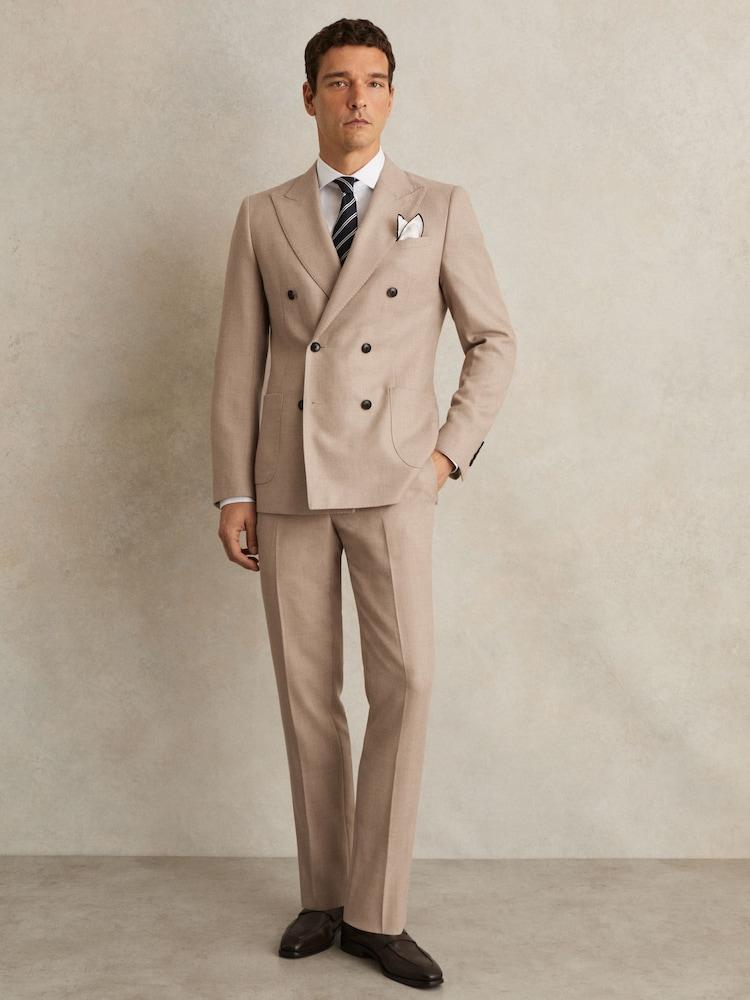 reiss Slim-Fit Wool-Blend Double-Breasted Suit Blazer in Oatmeal Brown
