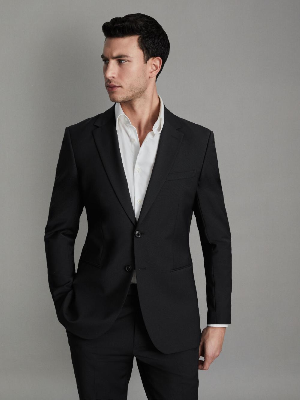 Reiss Slim-Fit Wool-Blend Single-Breasted Suit Blazer In Black