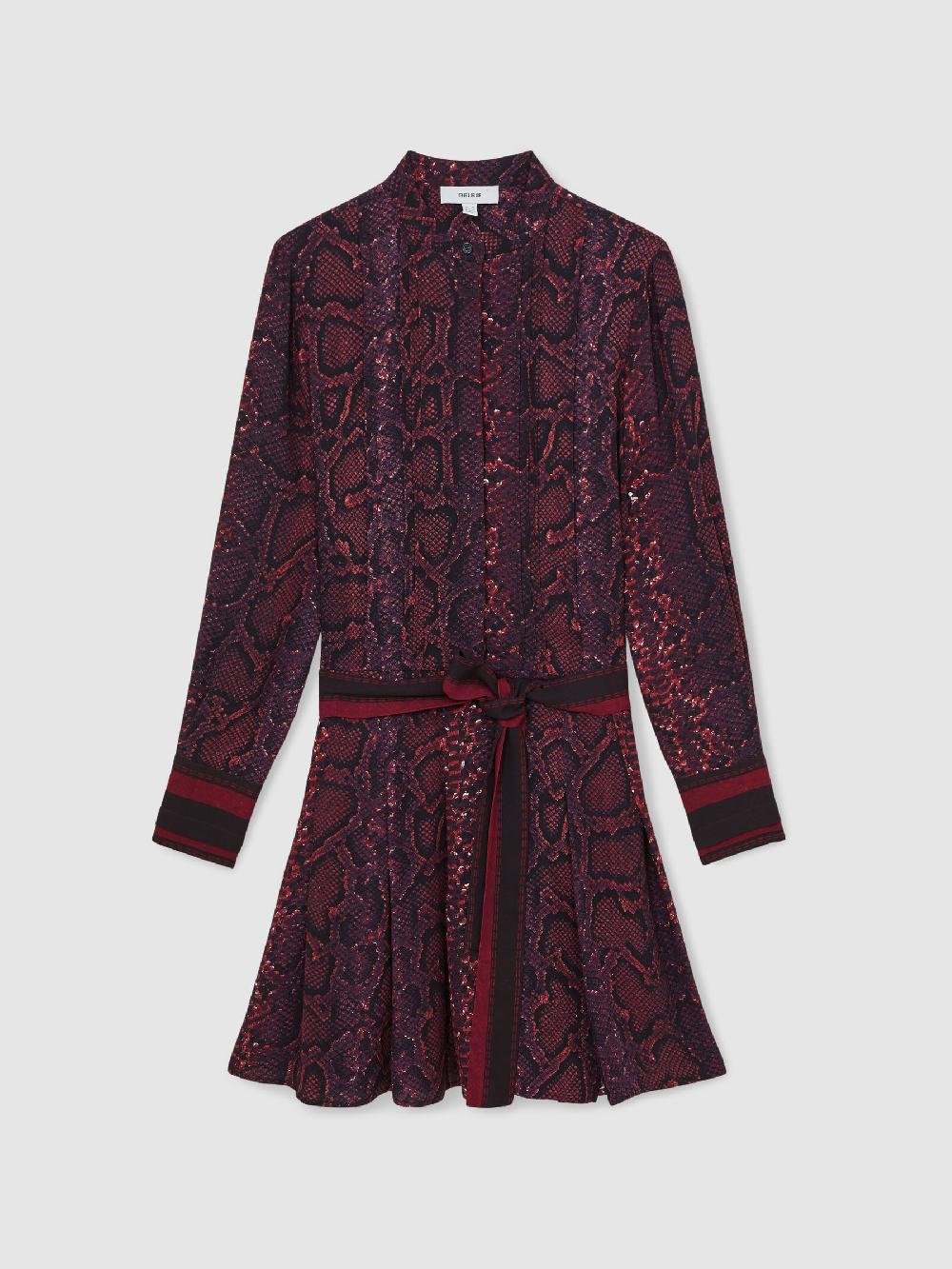 Reiss Snake-Print Belted Mini Dress In Burgundy/Black