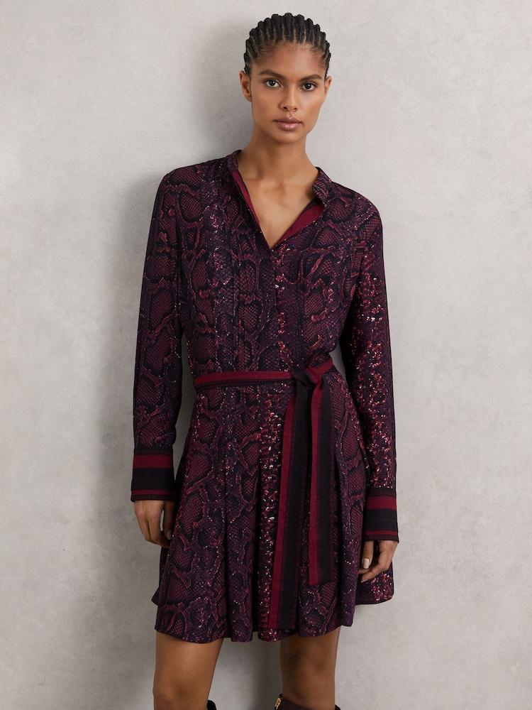 reiss Snake-Print Belted Mini Dress in Burgundy/Black